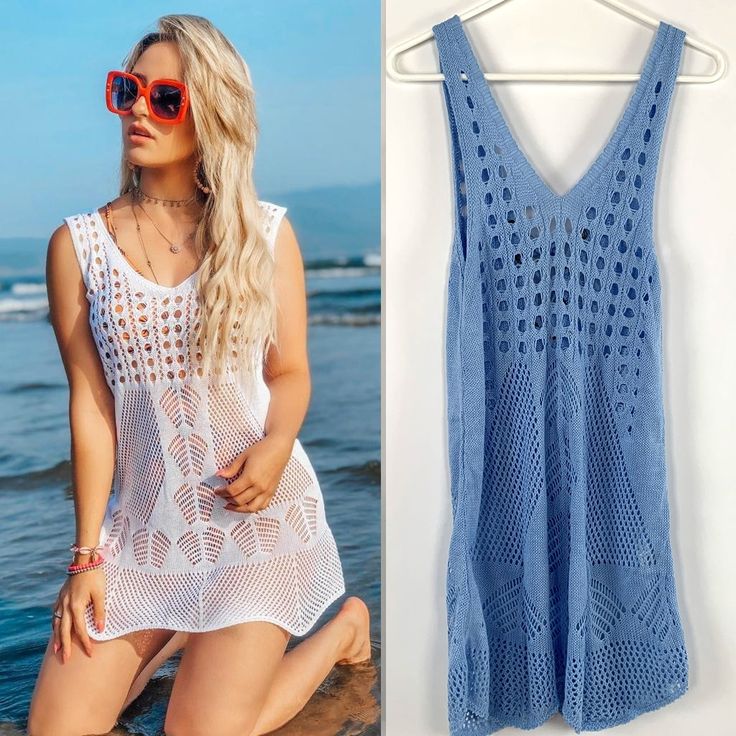 Women's Sleeveless Crochet Beachwear Coverup Dress With Zig Zag Ties. Can Be Tied In The Back Like Shown In The Model Or In The Front, Like Shown In The Mannequin. Not Lined. See Through. New. Made In Brazil. Size: Tag Says Medium But Fits Xs And Small Better (0-4) Color: Blue (Also Available In White Or Salmon) Armpit To Armpit: 15" (Stretches Up To 19") Length: 34" Hand Wash Cold, Separately Do Not Bleach Lay Flat To Dry Warm Iron As Needed U3 Resortwear Beachwear Coverup Summer V-neck Crochet Dress, Sleeveless Beachwear Cover-up For Vacation, Blue V-neck Cover-up For Summer, Summer Vacation V-neck Tank Top, V-neck Crochet Dress For Beach Vacation, V-neck Crochet Dress For Beach Season, V-neck Crochet Dress For Beach, V-neck Crochet Dress For The Beach, Summer V-neck Tank Top For Vacation