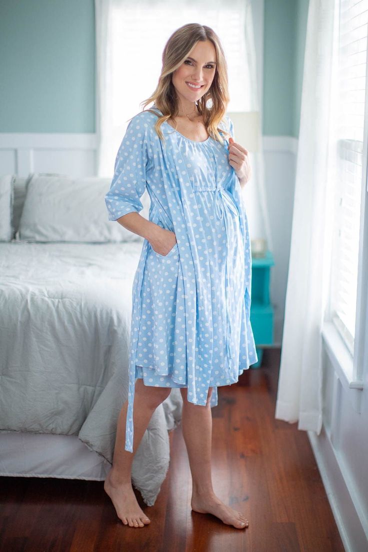 2 Piece Set - Maternity Delivery Nursing Hospital Gown & Matching Maternity Delivery Robe Set Ready To Ship From CT Retails for $74.98. Buy as a set and save $10! Labor Gown & Delivery Robe - 2 piece Set 3 in 1 Maternity Labor Nursing Gown With a sewn in adjustable empire waistline you can be sure of a perfect fit along with a discreetly hidden front panel, you can freely move around yet have easy access for medical examinations or fetal monitoring. The elasticated armholes ensure covera Fetal Monitoring, Hospital Gowns, Labor Gowns, Delivery Robe, Labor Delivery Nursing, Nursing Gown, Nursing Nightgown, Delivery Gown, Preggo Fashion