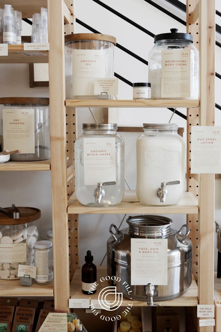 the shelves are filled with jars and containers