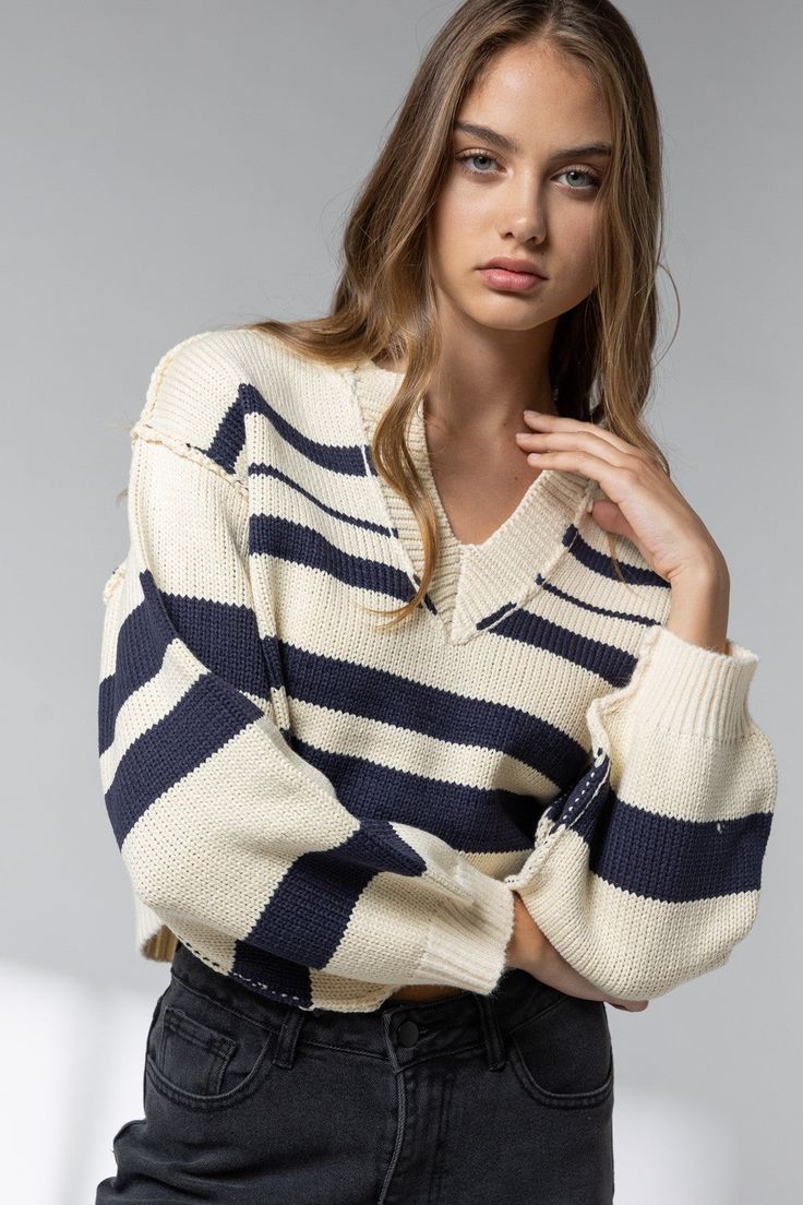 The "Penelope" sweater is crafted from a high quality, soft blend of navy and tan for the utmost in comfort and style. Its timeless appearance makes it an ideal addition to any wardrobe. Shoe Gifts, Dress Jewelry, Sales Gifts, Baby Shop, Jumpsuit, Womens Tops, Confidence, Wardrobe