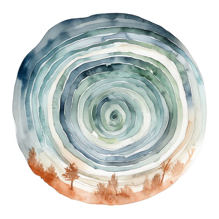 a circular painting with trees and sky in the background