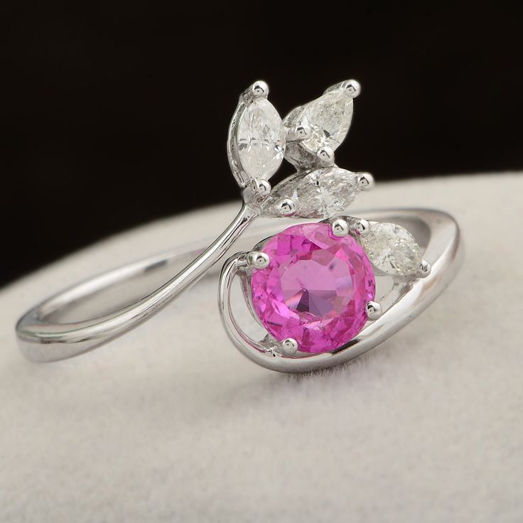 Statement Ring / Diamond & Gemstone Ring / 10k Solid White Gold Women Ring / Diamond and Ruby Ring / Engagement Ring / Dainty Ring For Woman Gia Certified White Gold Pink Sapphire Jewelry, Gia Certified Pink Sapphire In White Gold Ring, Gia Certified White Gold Ring With Pink Sapphire, White Gold Rings With Pink Sapphire For Gift, Wedding Rings In Diamond White Pink Sapphire, White Gold Pink Sapphire Rings For Gift, Pink Sapphire Cluster Ring As A Gift, Silver Pink Sapphire Rings For Wedding, Gia Certified Pink Sapphire Diamond Ring Gift