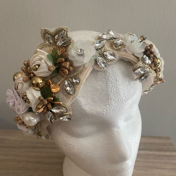 Tan Headband With Gold Accents Pearls Rhinestones Gorgeous! Perfect For A Wedding! Osfa Elegant Rhinestone Headband For Party, Elegant Crystal Hair Accessories For Party, Adjustable Crystal Embellished Hair Accessories For Weddings, Adjustable Rhinestone Hair Accessories For Weddings, Adjustable Rhinestone Headpiece For Party, Adjustable Party Headpiece With Rhinestones, Glamorous Crystal Embellished Headband Jewelry, Glamorous Crystal Embellished Jewelry Headband, Gold Crystal Embellished Headpieces For Wedding