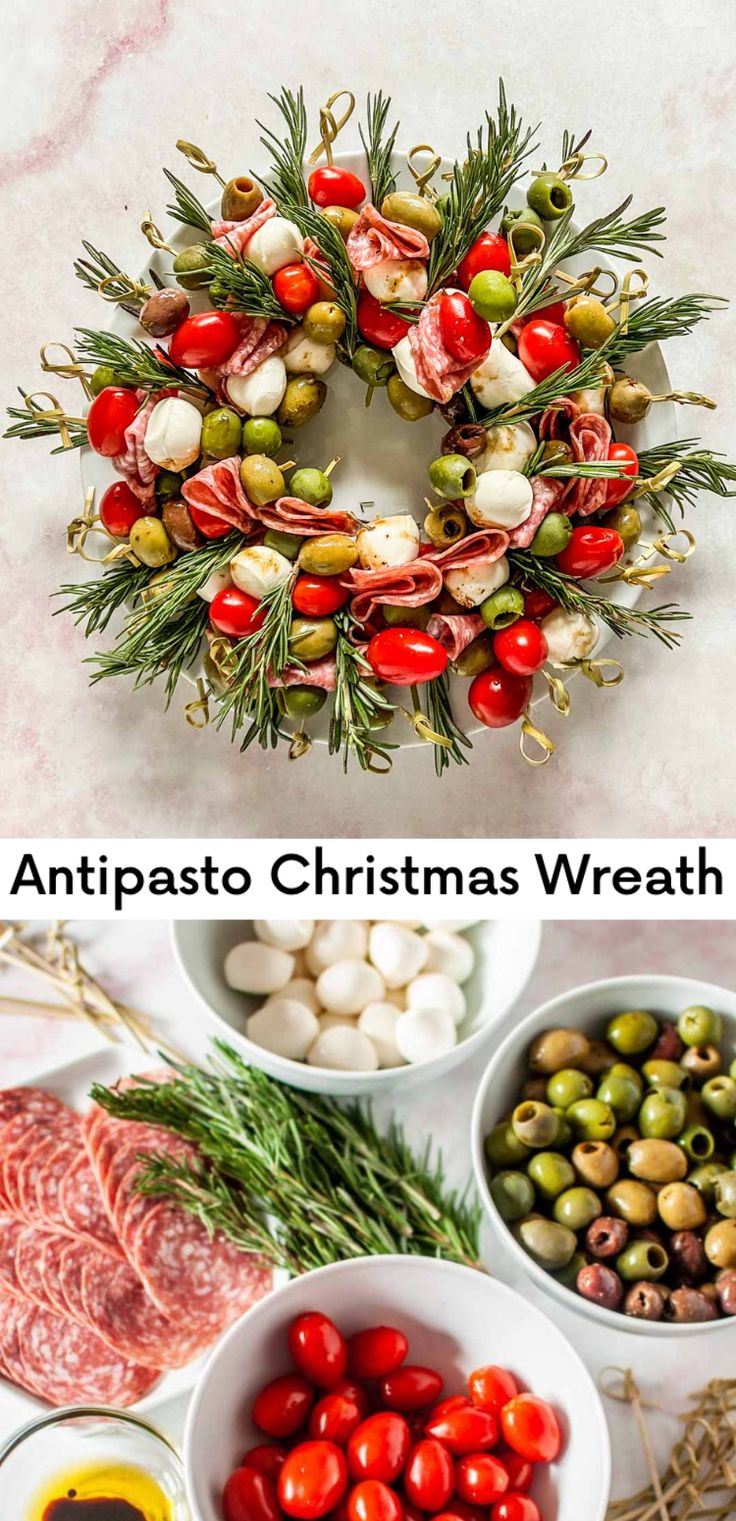 christmas wreath made out of tomatoes, olives and other ingredients for an appetizer