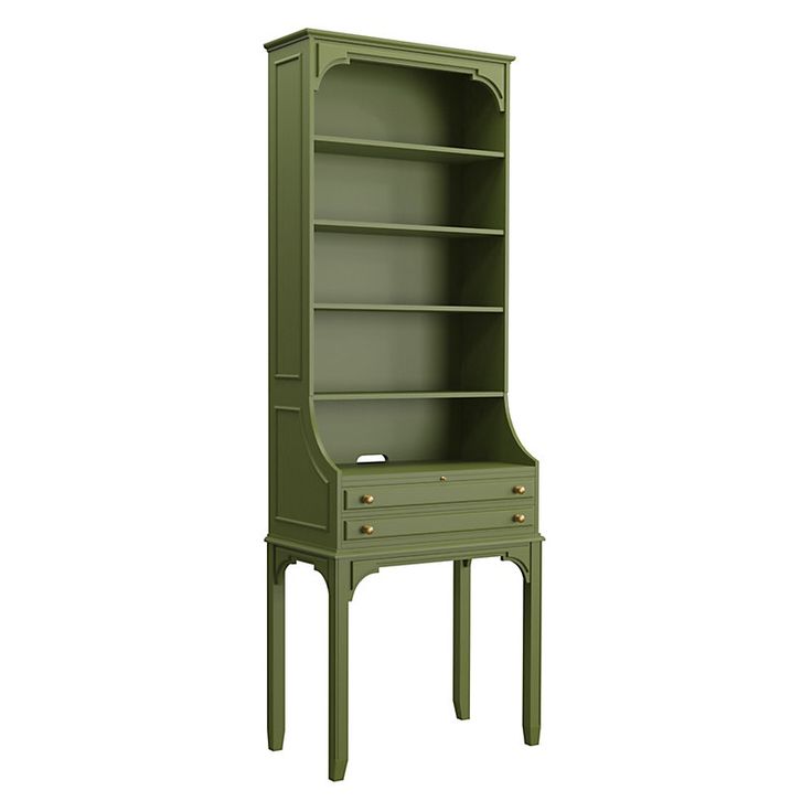 a green bookcase with drawers on the top and bottom shelf, in front of a white background