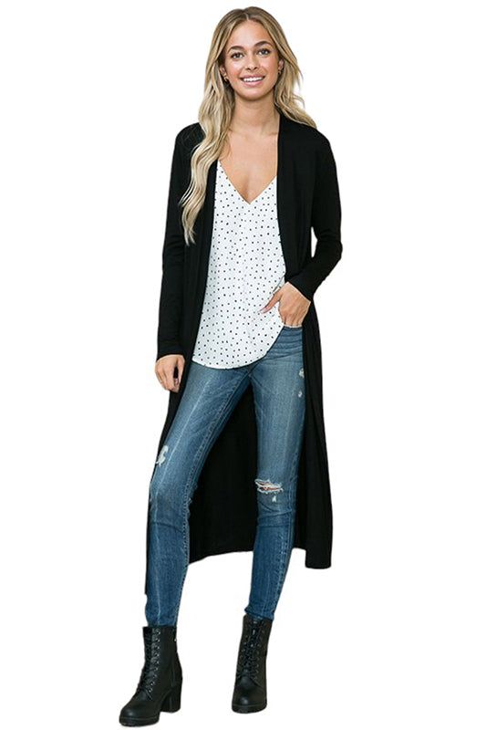 Bring a dash of style to breezy days with this Long Sleeve Solid Maxi Cardigan from Iconic Luxe. Tailored in a regular fit with a length that hits at the knees, this long-sleeve cardigan is crafted from a lightweight fabric for a cozy feel. Designed in a solid hue, you can layer the cardigan over tops or dresses for versatile styling options. 95% Rayon, 5% Spandex Made in the USA Pull On closure Features: open front, long sleeves, midi length, lightweight fabric Suit for: work, casual, everyday wear, date night, movie night, brunch, farmers market, vacation, traveling, beach, barbeque party, coffee date, school Season: spring, summer, fall, winter Model is 5’7” and wearing size Small. Hand wash cold. Do not bleach. Hang to dry. Casual Open Front Sweater Coat For Work, Trendy Long Sleeve Cardigan, Long Sleeve Cardigan For Day Out, Fitted V-neck Sweater Coat For Spring, Black Relaxed Fit Cardigan For Fall, Trendy Open Front Sweater Coat For Work, Long Sleeve Sweater For Spring Layering, Spring Long Sleeve Sweater For Layering, Trendy Long Solid Sweater Coat