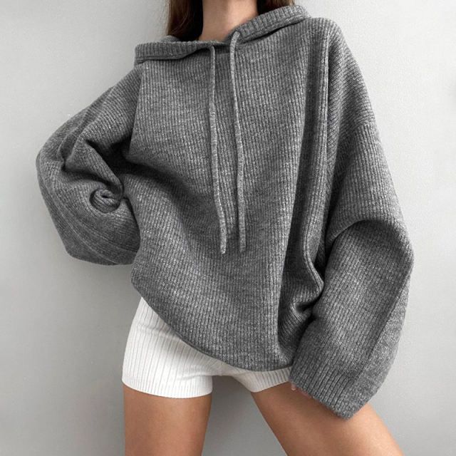 Womens Casual Knitted Hooded Sweater Sweater Streetwear, Woolen Sweaters, Top Streetwear, Gray Fabric, Basic Long Sleeve, Knit Hoodie, Sweaters Online, Hooded Sweater, Knit Jumper