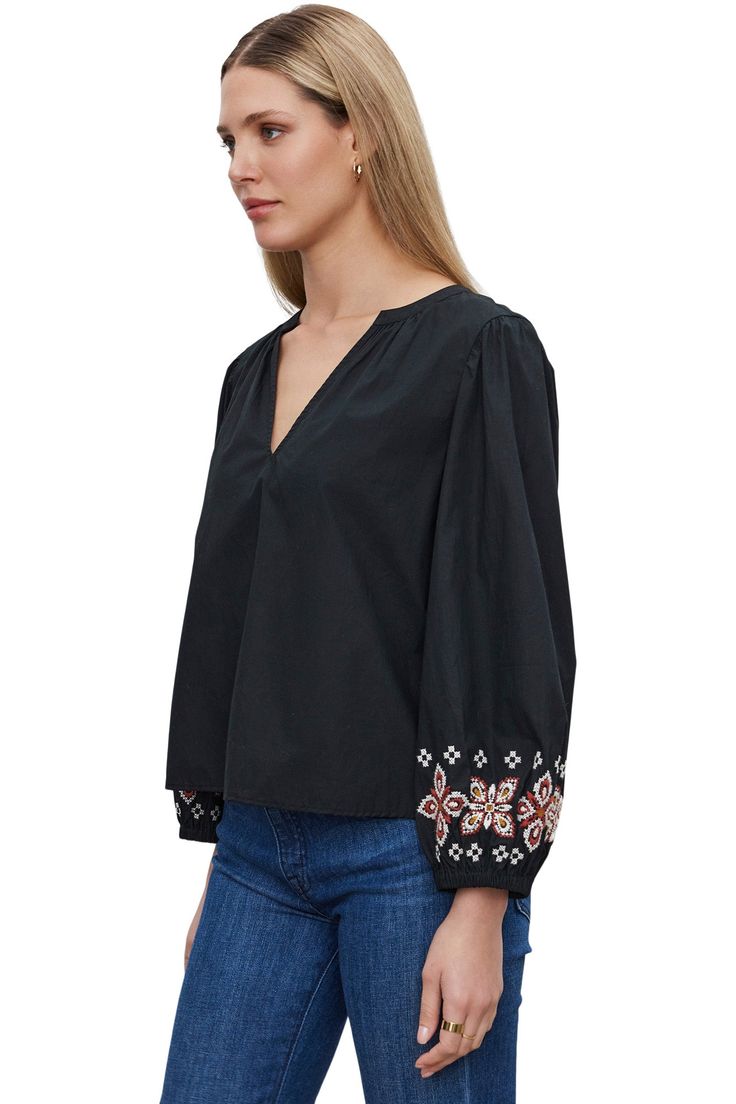 Long Sleeve V-neck Blouse Pull on Style Embroidery Detail on Sleeves Style#: Paola06 V-neck Top With Geometric Embroidery For Fall, Black V-neck Blouse With Floral Embroidery, Black V-neck Tops With Floral Embroidery, Fall Cotton V-neck Embroidered Top, Black Cotton Top With Geometric Embroidery, Embroidered V-neck Top For Fall, Fall Embroidered V-neck Blouse, Fall Embroidered V-neck Top, Black Embroidered V-neck Top For Summer