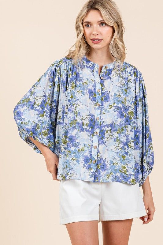 Blue Flower Print Batwing Sleeve Button Down Blouse Relaxed Fit Floral Print Button-up Blouse, Spring Blouse With Button Cuffs And Relaxed Fit, Spring Button-up Tops With Gathered Sleeves, Spring Blouse With Blouson Sleeves And Relaxed Fit, Spring Button-up Blouse With Blouson Sleeves, Spring Blouse With Gathered Sleeves, Spring Blouse With Blouson Sleeves And Button-up, Spring Flowy Blouse With Gathered Sleeves, Spring Top With Gathered Sleeves For Daywear