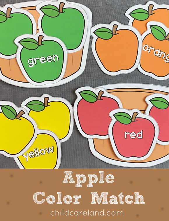 an apple color match with the words green, yellow and red on it in different colors