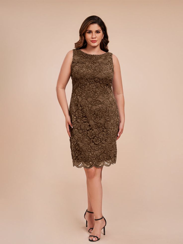 a woman wearing a brown lace dress with black heels and high heeled sandals, standing in front of a beige background