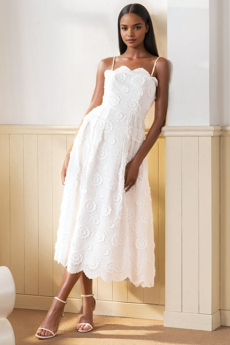 FINAL SALE! NO RETURNS. NO EXCHANGES. A chic midi white rose eyelet dress with detachable straps, featuring invisible zippers and convenient pockets. Perfect for effortless vacation getaway style! LENGTH: Top of shoulder to hem 41" FABRICATION: 100% COTTON STYLE#.DR-21329 CAPRI EYELET-CAPRI-S24 *Dry Clean or wash on cold and hang flat to dry *Model is wearing size XS White Ankle Length Dress, Lace Rehearsal Dinner Dress, Rehearsal Dinner Outfit For Bride, White Wedding Guest Dress, Eyelet Wedding Dress, Party White Dress, Quirky Outfits, Rehersal Dinner Dresses, Vineyard Outfit