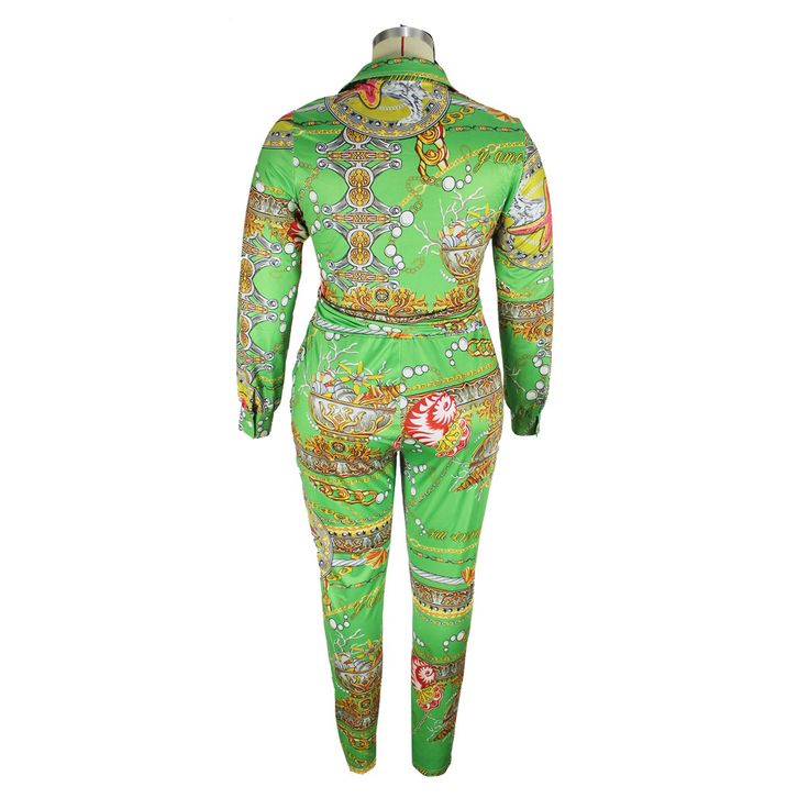 Fashion Sexy Slim Waist Printing Plus Size Suit Fitted Green Sets For Night Out, Fitted Green Set For Night Out, Fitted Green Two-piece Set, Green Two-piece Set For Night Out, Green Fitted Pant Set For Party, Fitted Green Pant Set For Party, Blouse And Pants Set, Casual Bodysuit, Plus Size Suits