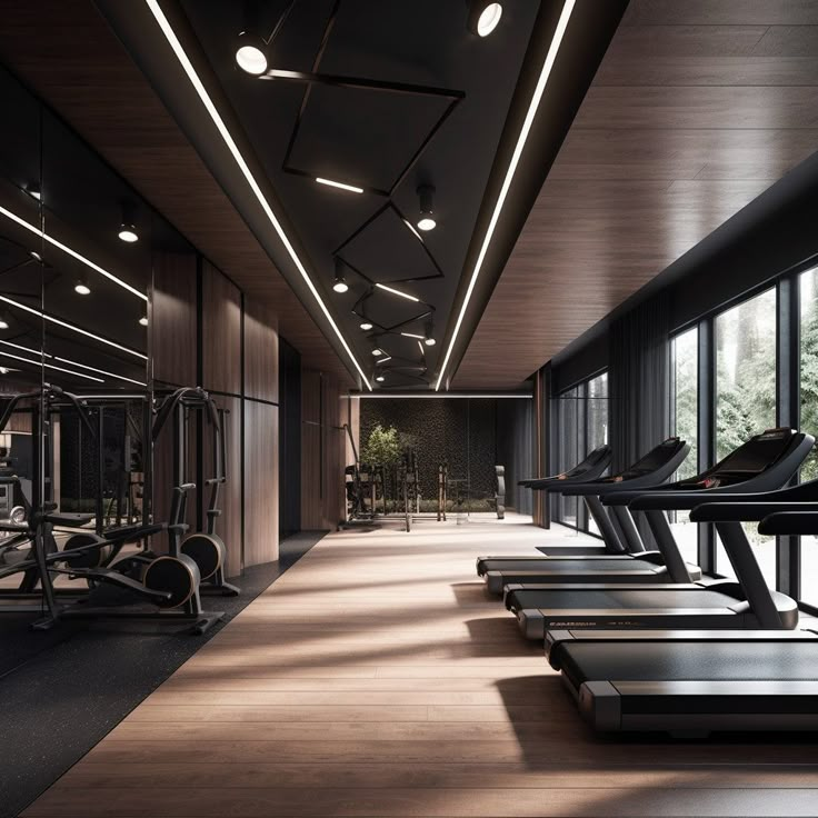 an empty gym with rows of treadmills and exercise machines in the foreground