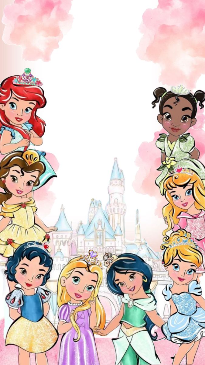 disney princesses are standing in front of a castle