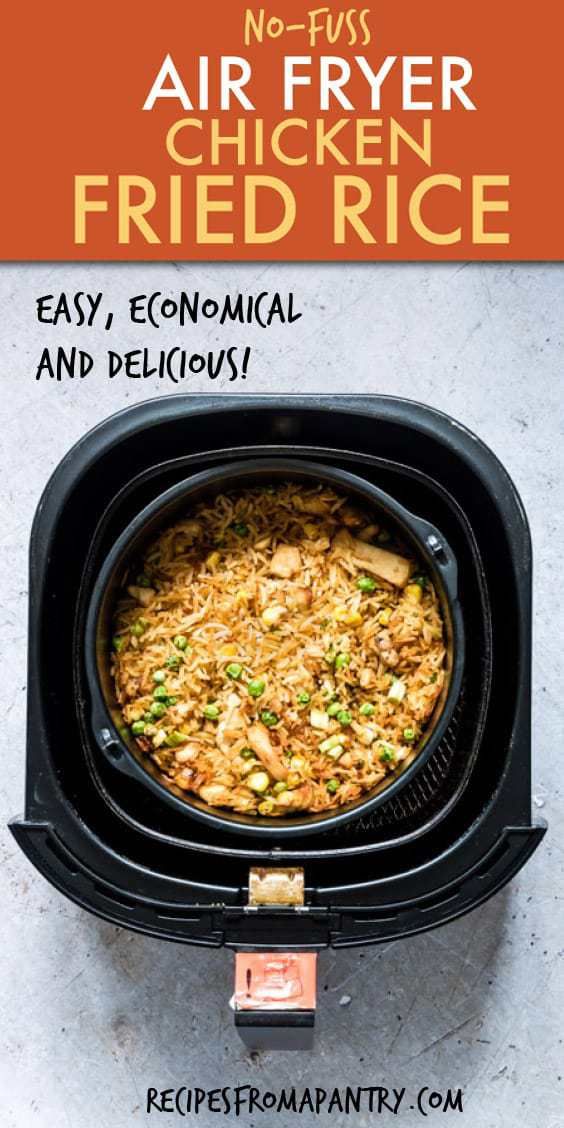 an air fryer with fried rice in it and the words, no fuss air fryer fried rice