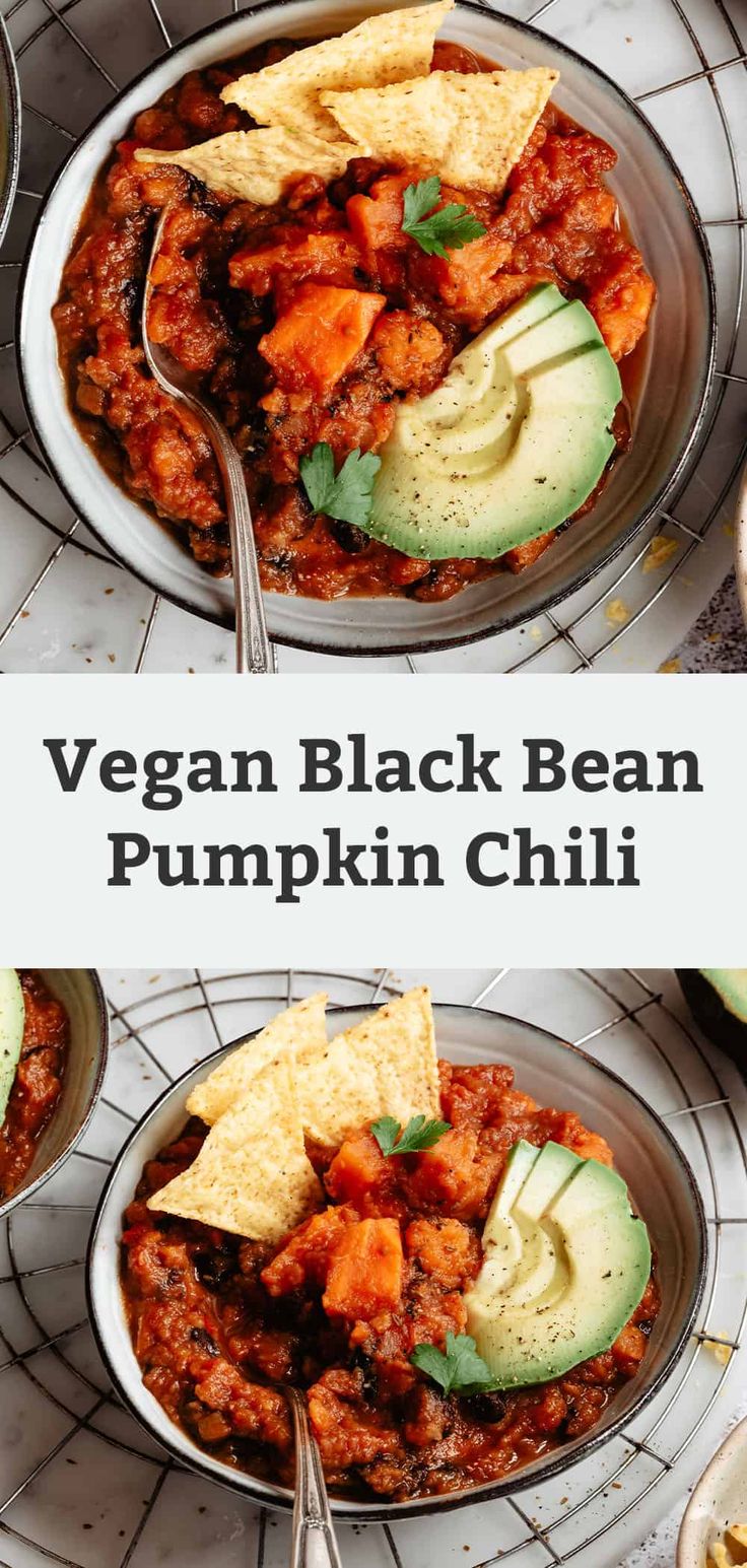 vegan black bean pumpkin chili with avocado and tortilla chips on the side