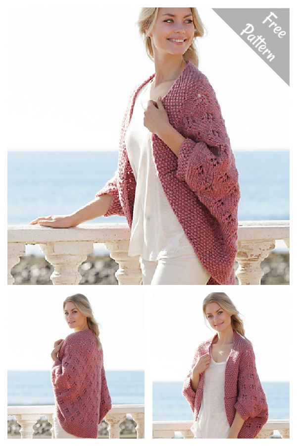 three pictures of a woman wearing a pink knitted cardigan and white top, while standing on a balcony with the ocean in the background