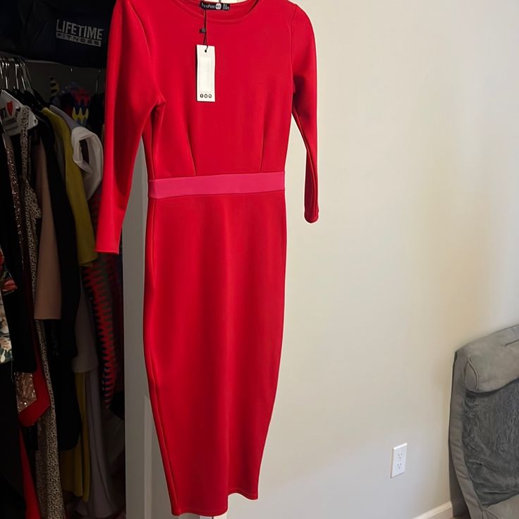 Midi Dress With Tags. Never Worn Fitted Red Midi Dress For Spring, Red Fitted Midi Bodycon Dress, Elegant Red Stretch Midi Dress, Red Stretch Dress For Spring, Red Stretch Midi Dress, Red Midi Length Bodycon Dress For Formal Occasions, Chic Red Sheath Bodycon Dress, Red Fitted Midi Dress For Date Night, Red Stretch Midi Length Bodycon Dress