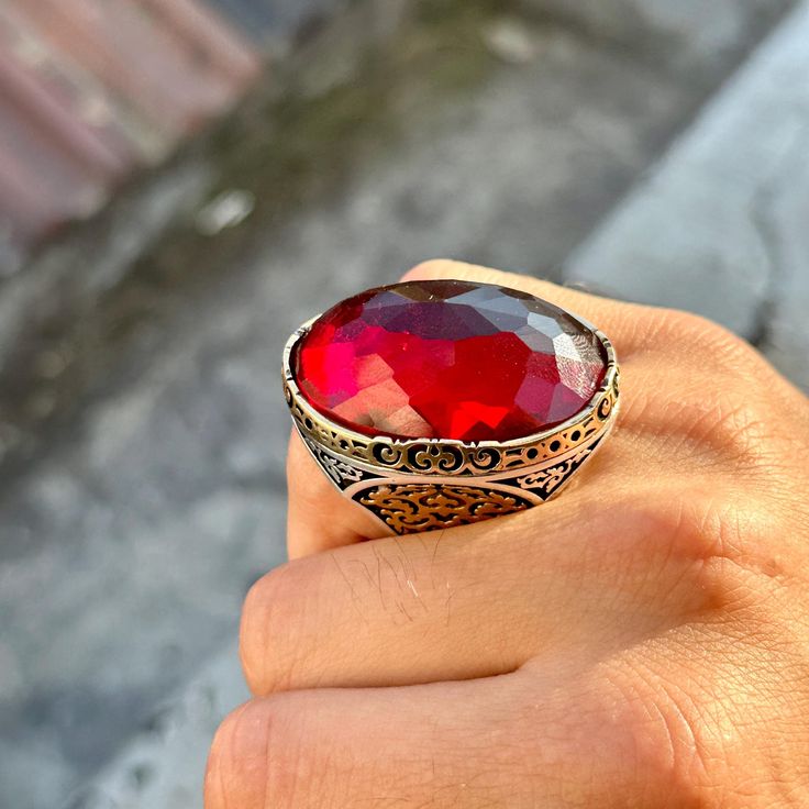 Man Handmade Large Red Ruby Ring , Silver Ruby Stone Ring , Zircon Stone Ring , 925k Sterling Silver Ring , Gift For Him , Father Day Gift ★Item Details * Gender : Male / Female * Material : 925K Sterling Silver * Total weight : 50 Grams * Gemstone : Ruby  Stone ✔ Ready to Ship in 1-2 Business Days .. ✔ Shipped to the Worldwide 1-5 business days with free shipping... ✔ The product will be sent to you with a handmade wooden box to avoid any damage during shipping... ✔ Visit our store, browse othe Red Stone Setting Ring As Gift, Red Stone Setting Ring For Gift, Red Stone Setting Ring Gift, Red Crystal Promise Ring With Stone Setting, Red Crystal Ring With Stone Setting For Promise, Red Gemstone Ring For Gift, Red Ruby Crystal Ring With Stone Setting, Red Oval Sterling Silver Crystal Ring, Red Oval Crystal Ring In Sterling Silver