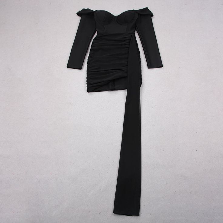 Product Description: Introducing our Formal Dress with Long Ribbon, perfect for your next formal occasion. Made from a luxurious blend of Polyester and Cotton, this dress is not only comfortable but also durable, ensuring you look your best throughout the event. The dress features a stunning off-shoulder design, adding a touch of elegance and sophistication to your look. The long ribbon adds an extra layer of beauty, draping gracefully down the dress and accentuating your figure. The dress has long sleeves, providing coverage and warmth during cooler events. With a sexy and stylish mini length, this dress is perfect for those who want to make a statement. The black color is classic and timeless, making it a versatile addition to your wardrobe. Whether you're attending a wedding, prom, or a Elegant Ruched Corset Dress For Night Out, Elegant Formal Ruched Corset Dress, Fitted Black Long Sleeve Evening Dress, Black Fitted Long Sleeve Evening Dress, Elegant Bodycon Long Sleeve Party Dress, Elegant Bodycon Long Sleeve Dress For Party, Fitted Evening Dress For Dinner, Evening Long Sleeve Fitted Bodice Bodycon Dress, Fitted Ruched Evening Dress For Gala