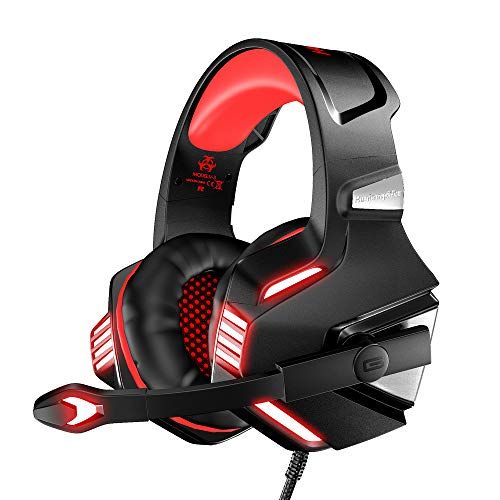 a close up of a gaming headset with red lights on the side and black headphones