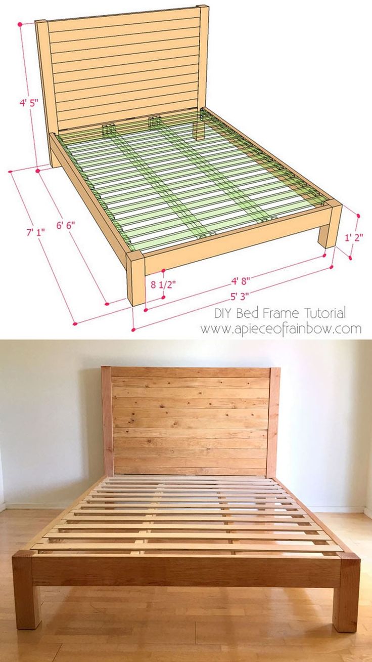 a bed frame with wooden slats and measurements