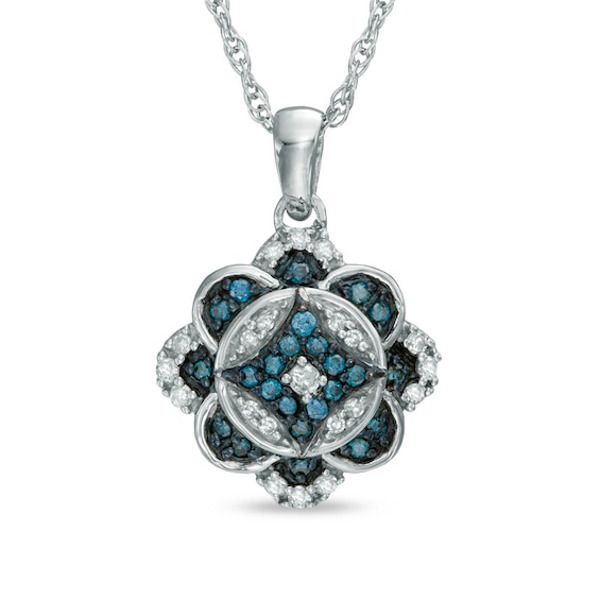 She'll agree she's lucky in love when you present her with this diamond fashion pendant. Crafted in fine sterling silver, this sweet style features an alternating pattern of enhanced blue and shimmering white diamonds. The result is an heirloom-inspired, clover-shaped design that delights. Radiant with 1/4 ct. t.w. of diamonds and buffed to a brilliant luster, this pendant suspends along an 18.0-inch rope chain that secures with a spring-ring clasp. Blue Diamond Cut Fine Jewelry Necklace, Blue Diamond Cut Necklace In Fine Jewelry Style, Blue Pendant Jewelry For Anniversary, Blue Diamond Pendant Necklace In Sterling Silver, Blue Diamond Cut Necklace, Blue Diamond Cut Necklace For Gift, Blue Diamond Necklace Brilliant Cut For Anniversary, Blue Diamond Necklace With Pave Setting, Blue Diamond Necklace In Sterling Silver