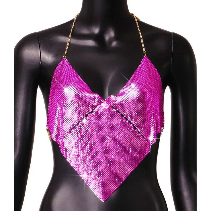 Pink metal halter top. Glamorous Metallic Halter Top, Metallic Halter Top For Summer Party, Glamorous Metallic Halter Top For Night Out, Summer Party Metallic Halter Top, Sequin Halter Neck Top For Club, Sequined Halter Neck Top For Club, Metallic Halter Top For Summer Evenings, Summer Party T-back Halter Top, Pink Triangle Halter Top For Party