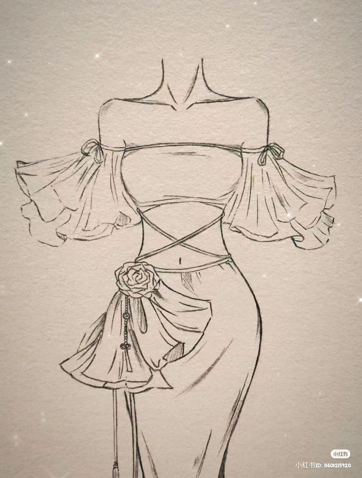 a drawing of a dress with an off the shoulder neckline and ruffled sleeves