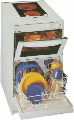 an open dishwasher with dishes in the bottom rack and two plates on top