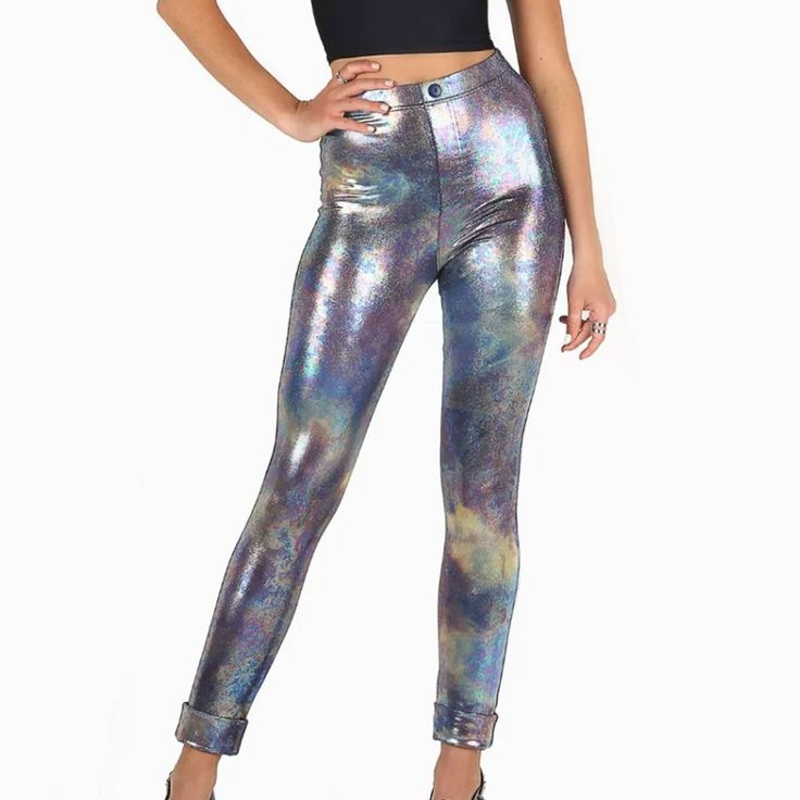 Black Milk Pants That Are Stunning, Shimmers And Sparkles With A Million Different Colors In The Light, Like A Slick Of Oil Catching The Light Of A Streetlamp On The Road. It Looks Particularly Amazing In These Leggings, Which Slay With A False-Fly-And-Button Front, Flattering Side Seams And Hem May Be Cuffed. Measures Approx. Waist: 12.5"; Hip: 13 3/8"; Length: 38.5"; Rise: 11.5". Size Small. Excellent Condition, Appears Unworn. 85% Nylon / 15% Elastane Care Instructions: Hand Wash Only, Do No Metallic High Waist Fitted Bottoms, Trendy Fitted Metallic Bottoms, Metallic High Rise Fitted Bottoms, Fitted High Rise Metallic Bottoms, Summer Fitted Metallic Bottoms, Casual Fitted Metallic Bottoms, Metallic Fitted Bottoms For Night Out, Fitted Metallic Bottoms For Night Out, Metallic Fitted Bottoms For A Night Out