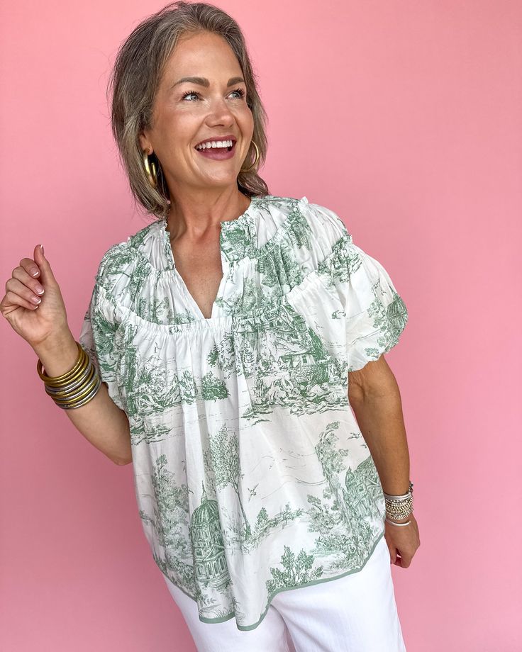 Crowd favorite🙌🏼 Our best-selling Uptown Estate Top is back in two fall transitional colors— green and latte! We’re loving both of these shades so much that we can’t choose a fave! SHOP all new arrivals— https://shopjincys.com/collections/fall-shades-of-chinoiserie Toile Print, White Bottoms, Outerwear Vest, Colors Green, Denim Accessories, Capri Blue, Plus Size Shopping, Boy Tees, Sea Green