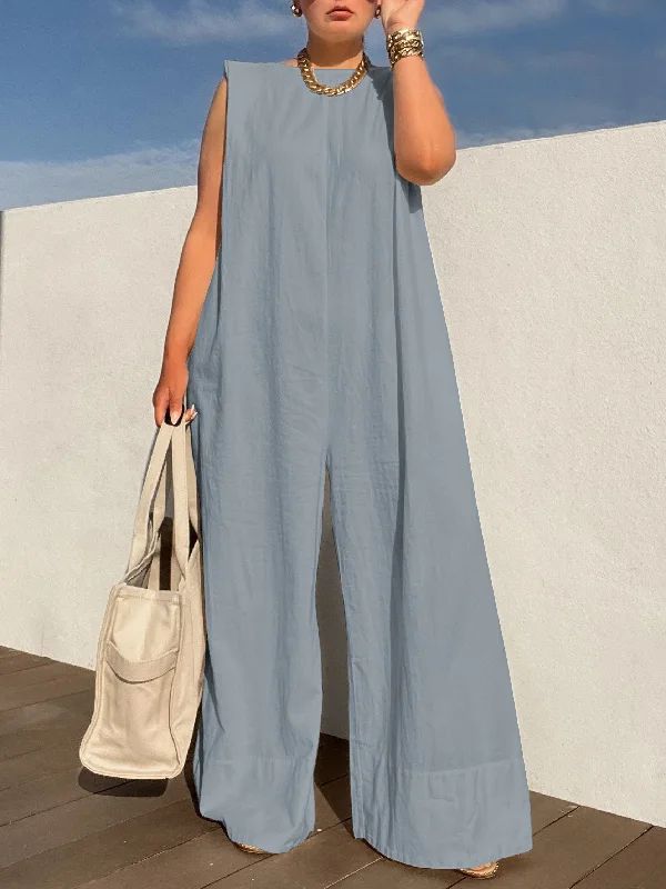 Solid Color Sleeveless Wide Leg Jumpsuits | Stylish & Comfortable Sleeveless Solid Jumpsuit, Sleeveless Cotton Jumpsuits And Rompers In Solid Color, Sleeveless Solid Color Jumpsuit For Summer, Casual Sleeveless Jumpsuits And Rompers, Summer Sleeveless Jumpsuits And Rompers With Pockets, Sleeveless Summer Jumpsuits And Rompers With Pockets, Sleeveless Beach Jumpsuits And Rompers, Sleeveless Cotton Jumpsuit For Vacation, Sleeveless Cotton Jumpsuits And Rompers For Vacation