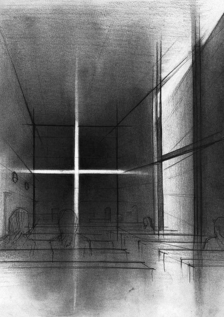 a black and white drawing of a cross in the middle of a room with windows