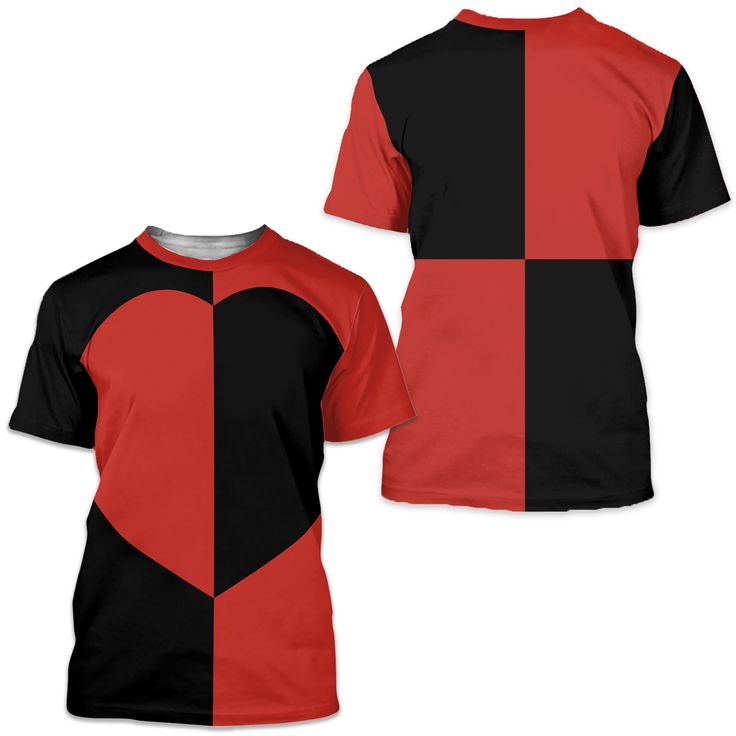 a black and red shirt with a heart on the front, back and side views