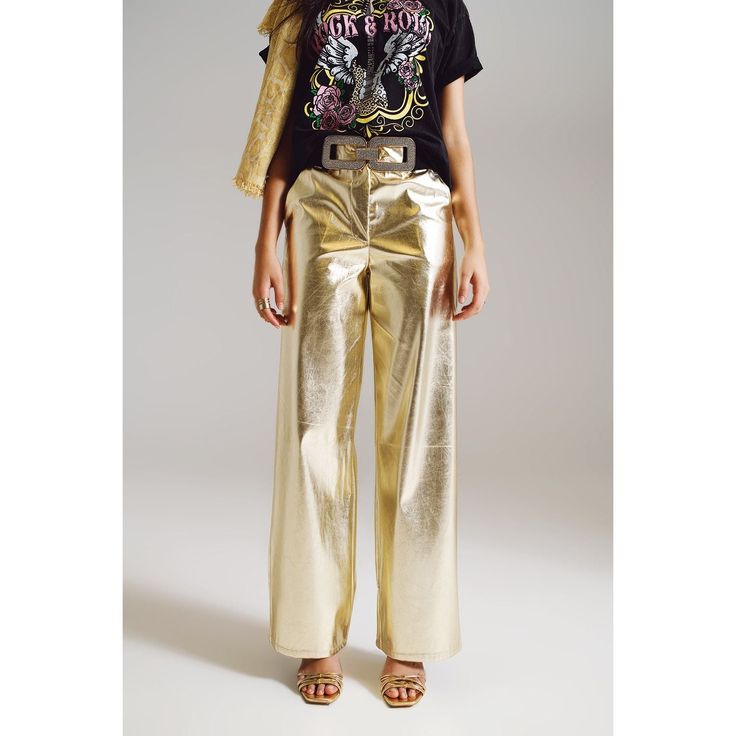 Chic Spring Bottoms With Sheen, Chic Sheen Bottoms For Spring, Chic Spring Sheen Bottoms, Gold Shiny Bottoms For Night Out, Glamorous Shiny Gold Bottoms, Party Pants In Metallic Color With Sheen, Metallic Sheen Pants For Party, Trendy Metallic Shiny Bottoms, Metallic Party Pants With Sheen