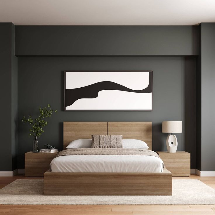 a modern bedroom with grey walls and wooden furniture