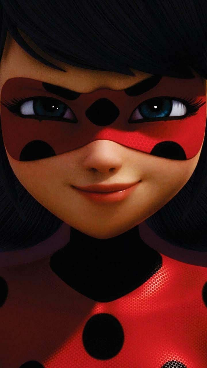 the animated character ladybug is wearing black and red polka dots on her face