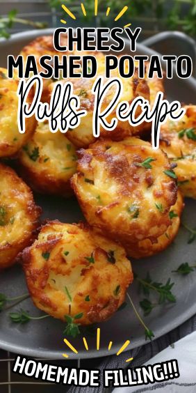 cheesy mashed potato puffs recipe on a plate with text overlay