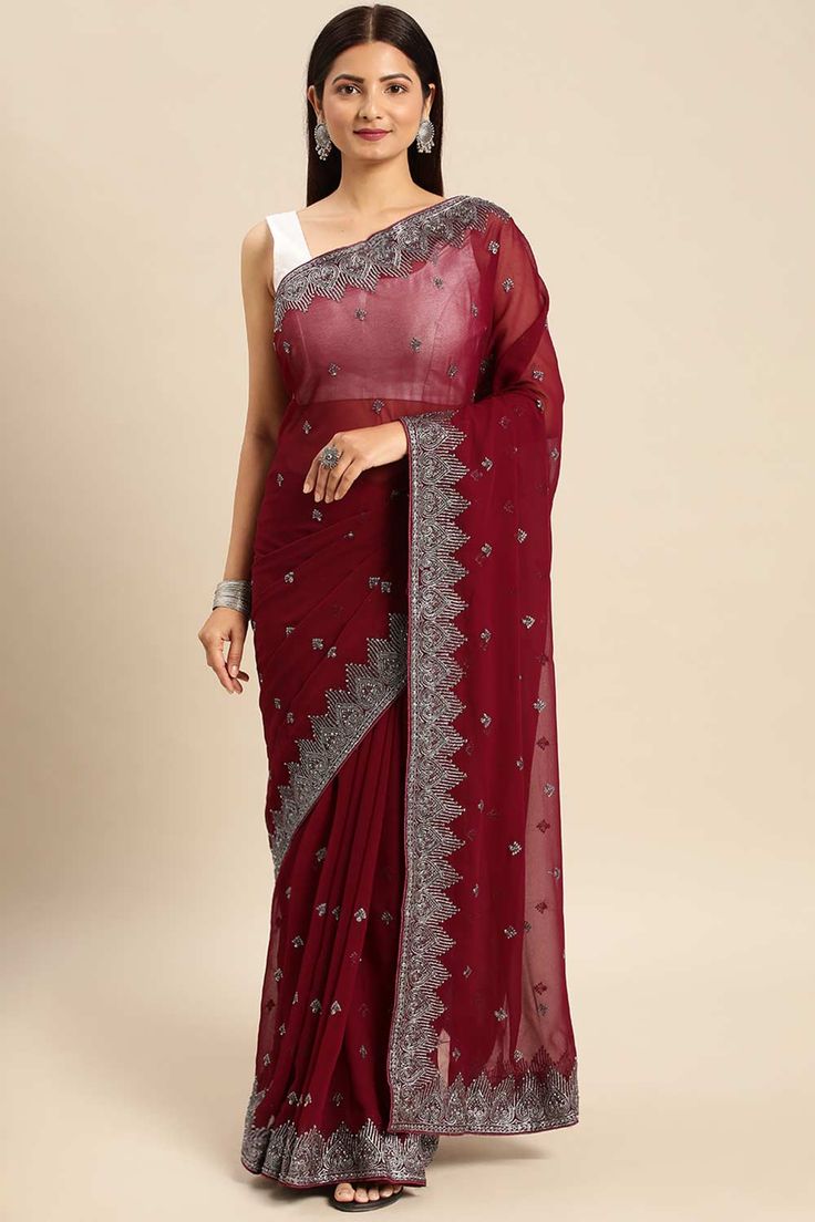 Product Features: Color: Wine Fabric: Pure Georgette Blouse Fabric: Pure Georgette Pattern: Embroidered Print Or Pattern: Floral Wash: Dry Clean Occasion: Party,Festive Product Type: sarees Disclaimer: There will be slight difference in digital to actual image Fancy Saree, Embroidered Sarees, Georgette Blouse, Wine Art, Saree Online, Fancy Sarees, Blouse Fabric, Pattern Floral, Sarees Online