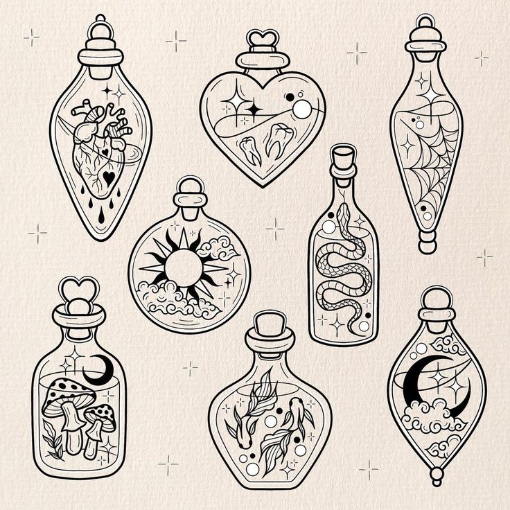 an image of nine different bottles with designs on them in black and white inks