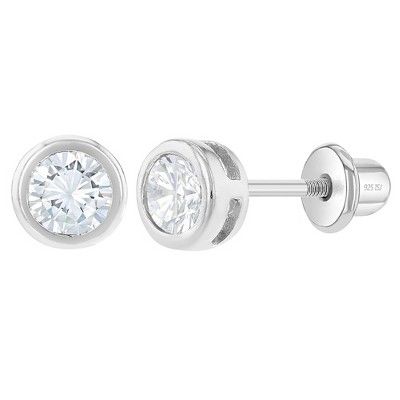 Must have dainty earrings for the little one in your family, a unique baby gift that will last her a lifetime. These are round cubic zirconia bezel set stud earrings with screw backs. Crafted entirely in 925 sterling silver and cubic zirconia stone, they are hypoallergenic and safe for children with sensitive ears. They feature a threaded earring post and back to ensure your child's earrings stay safely and comfortably in place.  A complimentary gift box is included. Hypoallergenic Cubic Zirconia Jewelry In Diamond White, Hypoallergenic White Cubic Zirconia Jewelry, Cubic Zirconia Earrings With Bezel Setting For Gifts, Hypoallergenic White Gold Cubic Zirconia Earrings, Hypoallergenic Diamond White Round Earrings, White Diamond Birthstone Earrings, White Hypoallergenic Diamond Earrings, Hypoallergenic White Diamond Earrings, Hypoallergenic Diamond White Round Cut Earrings