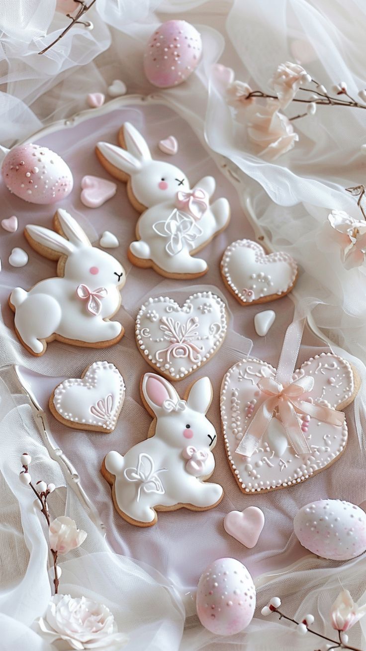 some decorated cookies are sitting on a table with white fabric and pink flowers in the background