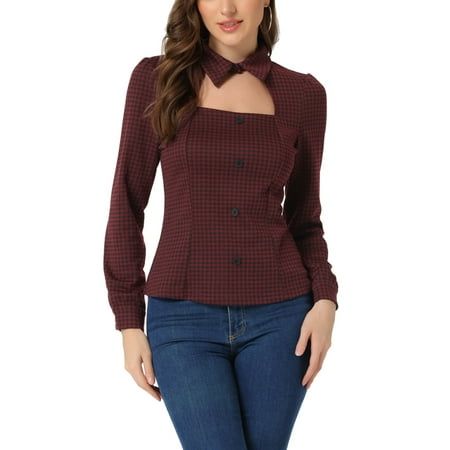 This cute top is versatile, a urban chic and casual outfits for every day. Made from stretch knit fabric, it has an on-trend choker square neckline, stand collar, cut out front, with an elasticated button cuff puff sleeves. Printed with a classic houndstooth plaid, try wearing with anything from denim to tailored trousers to build a elegant and lady chic style. A stylish plaid print shirt is updated with perfectly puff sleeves for understated charm. Stretchy, breathable and lightweight, this tee Trendy Stretch Tops For Office, Trendy Stretch Tops For The Office, Plaid Tops For Workwear In Fall, Chic Plaid Tops For Office, Plaid Top For Fall Workwear, Chic Fitted Plaid Top, Trendy Office Blouse For Fall, Casual Stretch Tops For Office, Trendy Houndstooth Pattern Tops For Winter