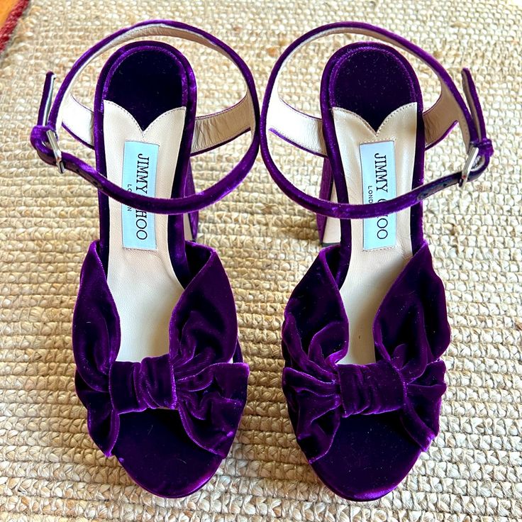 Jimmy Choo "Heloise" Velvet Platform Sandals 4.75 In / 120 Mm Block Heel - 3.75 In / 95 Mm Platform Heel + 1.00 In / 25 Mm Platform Open Toe Crisscross Vamp Adjustable Ankle Strap Leather Outsole Lining: Leather Made In Italy Iris Purple, Purple Heels, Velvet Shoes, Fashion Guide, Platform Heel, Purple Velvet, Jimmy Choo Shoes, Platform Pumps, Platform Heels