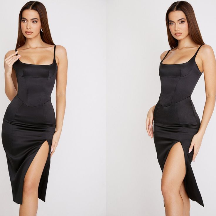 two photos of a woman in black dress with one side slit open and the other side split down