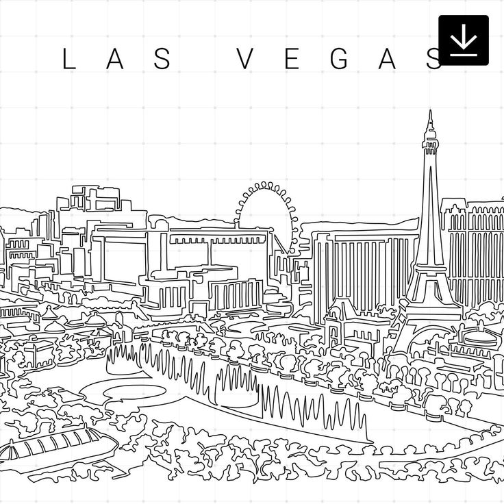 the las vegas skyline is outlined in black and white, with an arrow pointing up to it