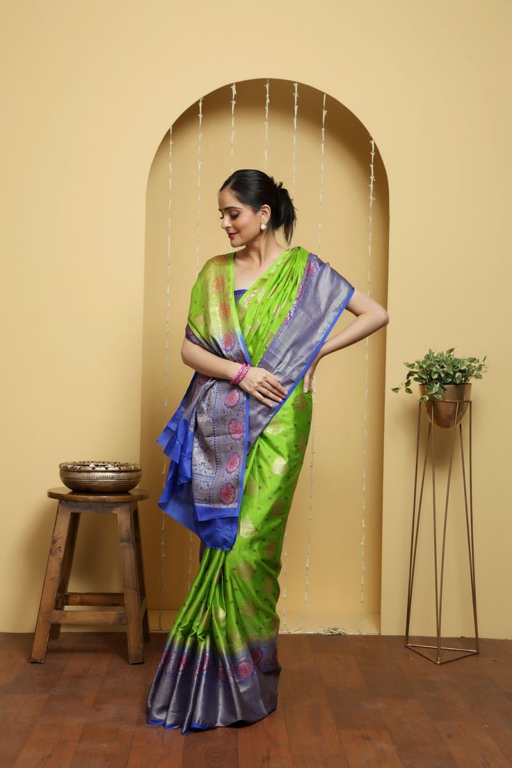 Chiniya fabric is made from a different type of silk thread called Chiniya in Banaras. It is similar to Katan silk, has a much better shine and is dyed after weaving. this beautiful peacock combination saree is a showstopper for any event, very soothing and flowing fabric for best feel.  Sari Length 5.5Meters, Blouse - 1Meter (attached).  Please note: The colors you see on your device may vary due to the varying color reproduction and temperature of individual devices. Green Slub Silk Blouse For Navratri, Green Tussar Silk Pre-draped Saree With Dupatta, Traditional Green Slub Silk Pre-draped Saree, Transitional Pre-draped Slub Silk Saree, Green Tussar Silk Pre-draped Saree, Transitional Green Slub Silk Dupatta, Green Slub Silk Blouse Piece With Zari Work, Festive Green Slub Silk Traditional Wear, Green Slub Silk Blouse Piece With Cutdana