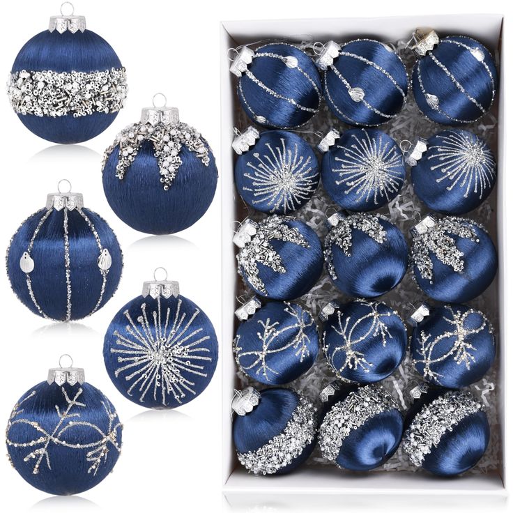 blue christmas ornaments in a box